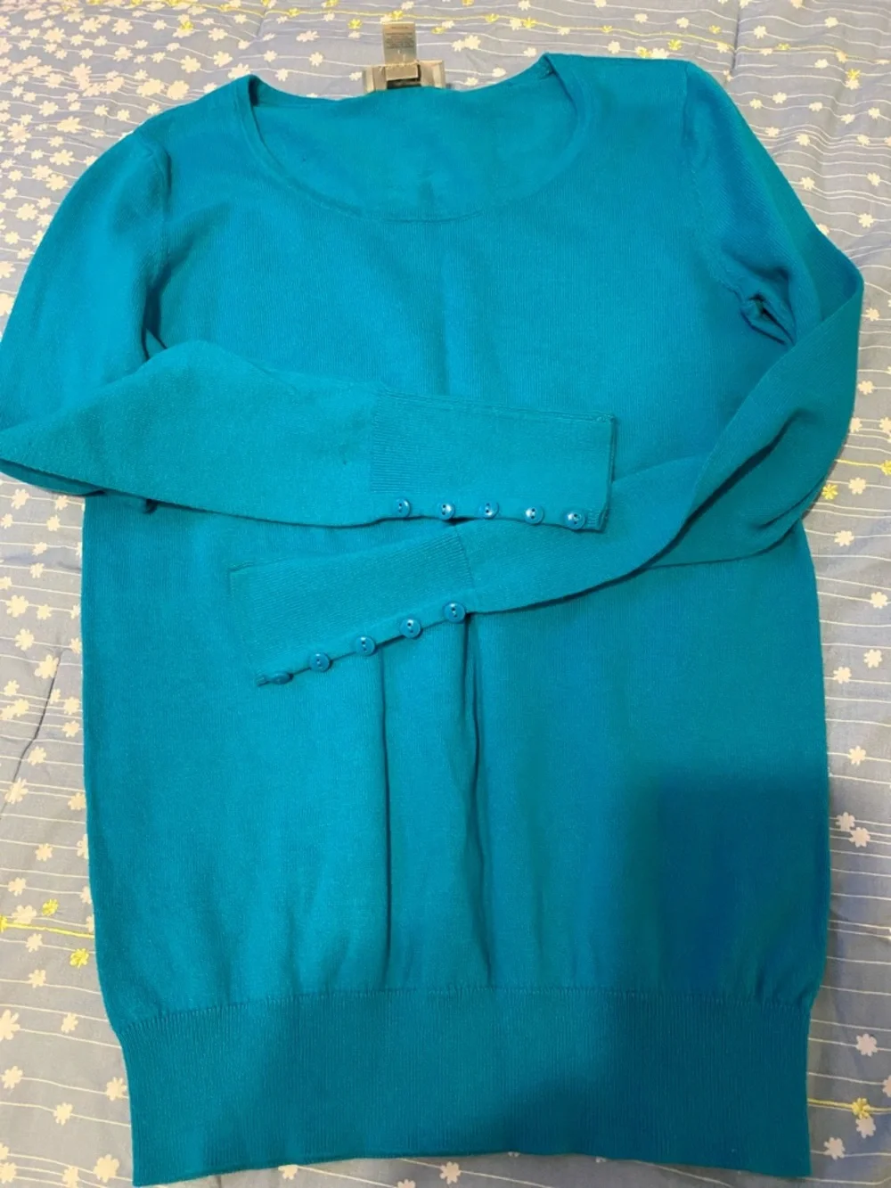 LOFT Teal Scoop Neck Sweater with Cuff Buttons - Picture 4 of 8